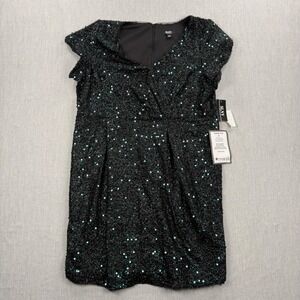 SLNY Women Green Sequin Tinsel V-Neck‎ Cap Sleeve Sheath Cocktail Dress 20W